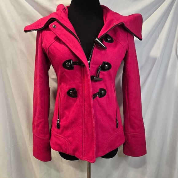 Guess Womens Hooded Lined Wool Blend Coat Zip/Toggle Close Fuchsia Size S NWOT - Picture 1 of 14